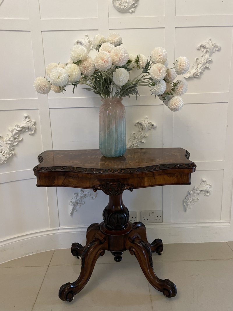 Exceptional Quality Antique Victorian Burr Walnut Inlaid Floral Marquetry Card/Console Table - Image 2